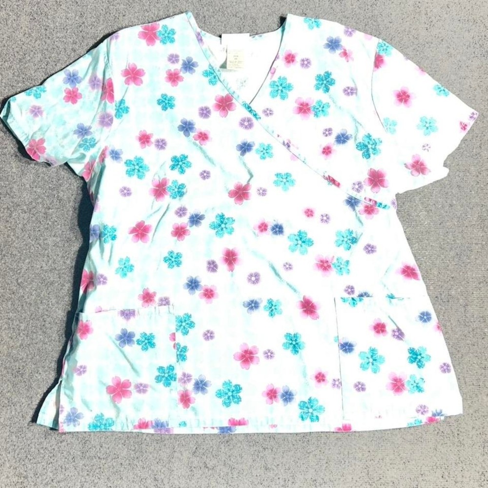 SB Scrubs‎ Womens 2X Indian Teal Floral V-Neck Short Sleeve Scrub Top SB36F678